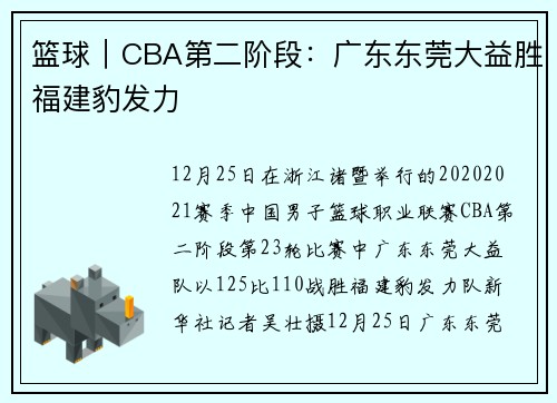 篮球｜CBA第二阶段：广东东莞大益胜福建豹发力