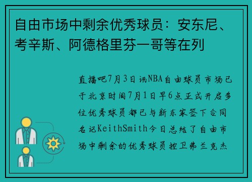 自由市场中剩余优秀球员:安东尼、考辛斯、阿德格里芬一哥等在列 自由市场中剩余优秀球员:安东尼、考辛斯、阿德格里芬一哥等在列